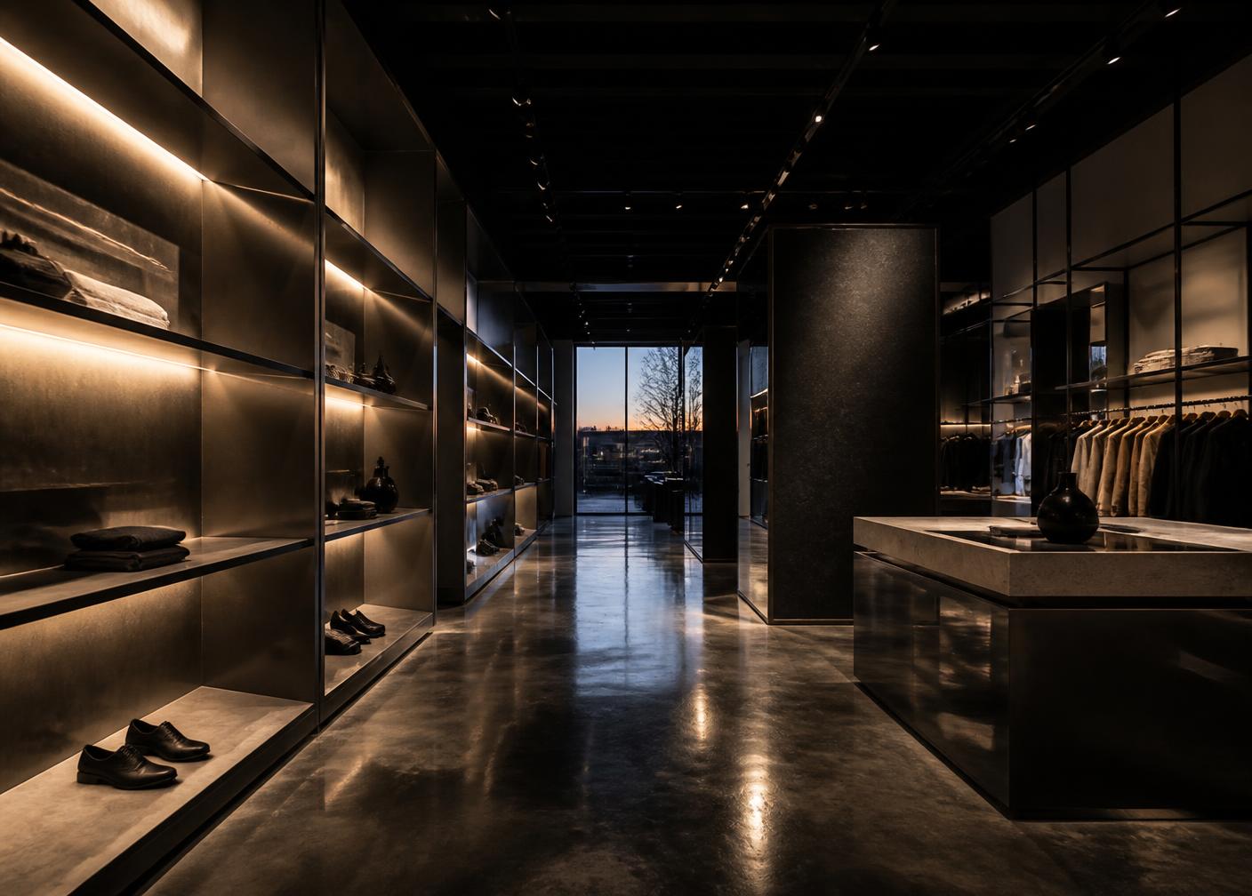 Galleria commerciale contemporanea al tramonto, luce calda e superfici scure — campagna La Cartiera, Pompei